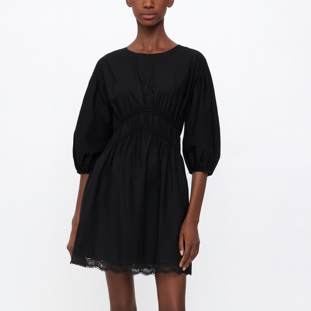 Zara Mini Dress Women's Medium Black Puff Sleeve Lace Hem Cinched Waist